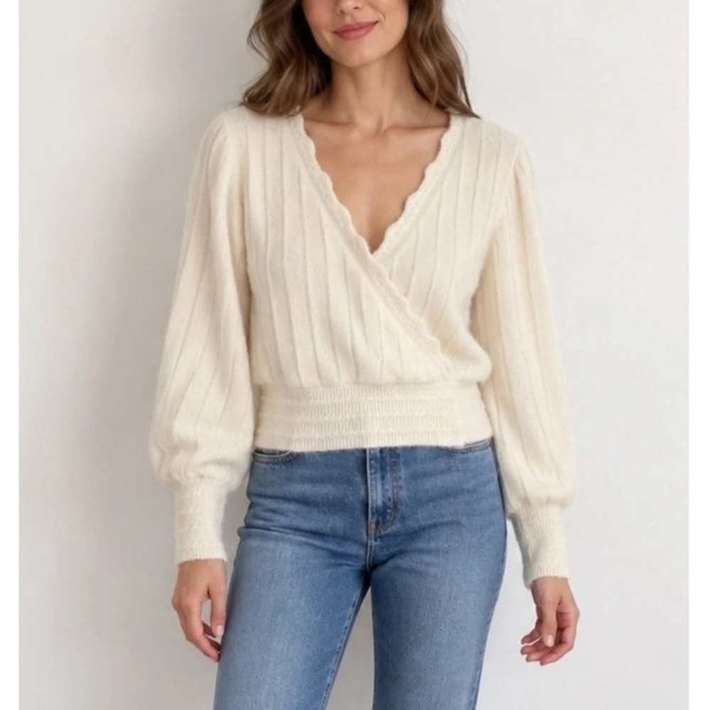 Vineyard Vines Women XS Alpaca Wool Blend Wrap V-Neck Rib Sweater Balloon Sleeve